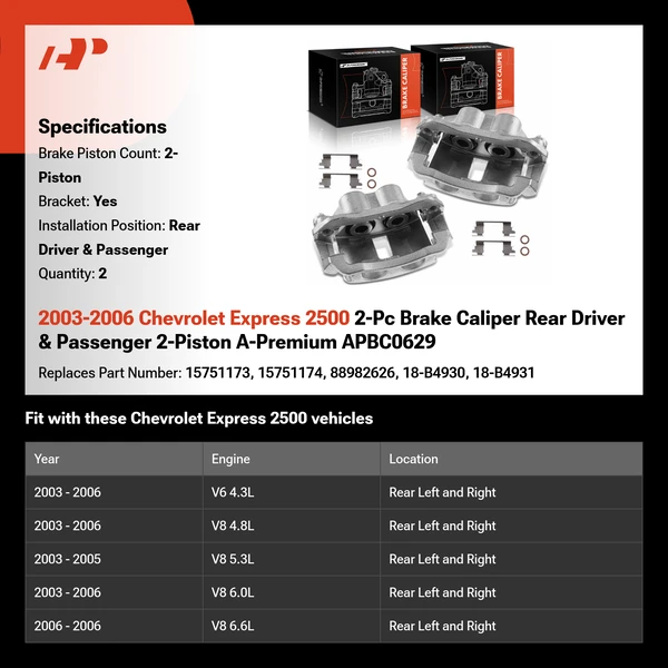 2003-2006 Chevrolet Express 2500 2-Pc Brake Caliper Rear Driver & Passenger 2-Piston A-Premium APBC0629