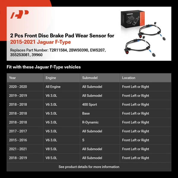 2 Pcs Front Disc Brake Pad Wear Sensor for 2015-2021 Jaguar F-Type