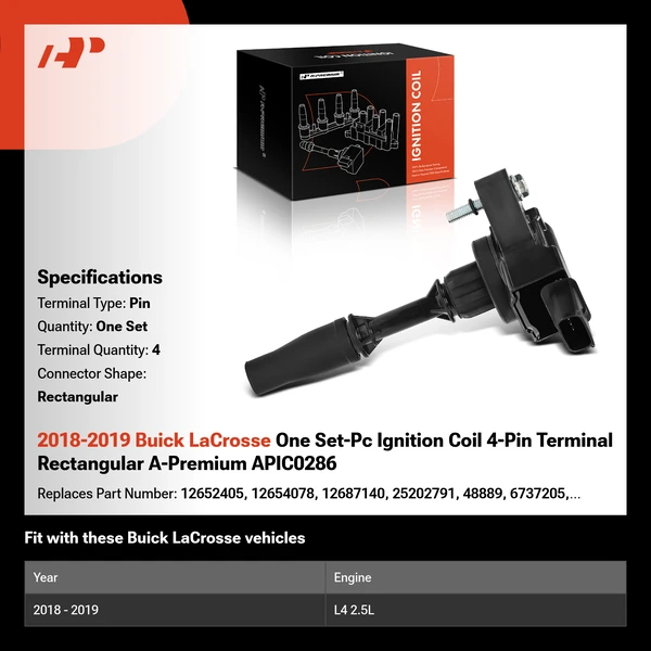 2018-2019 Buick LaCrosse One Set-Pc Ignition Coil 4-Pin Terminal Rectangular A-Premium APIC0286