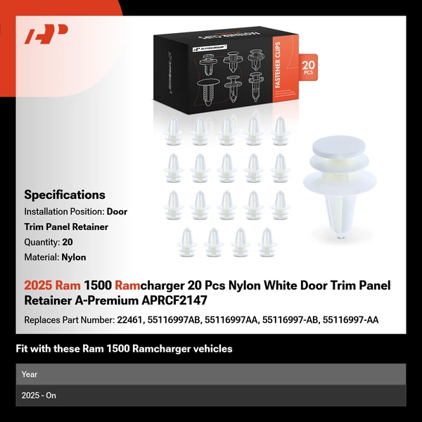 2025 Ram 1500 Ramcharger 20 Pcs Nylon White Door Trim Panel Retainer A-Premium APRCF2147