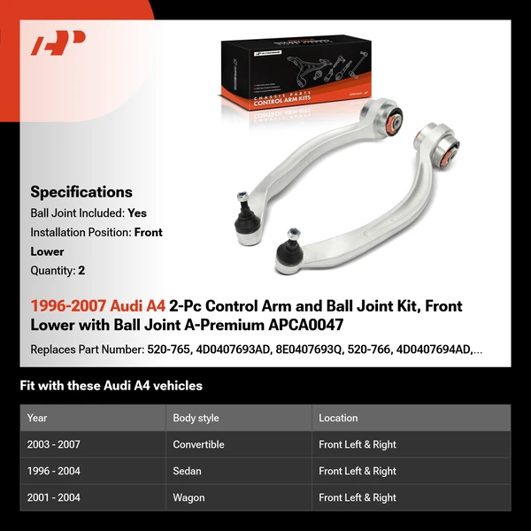 1996-2007 Audi A4 2-Pc Control Arm and Ball Joint Kit, Front Lower with Ball Joint A-Premium APCA0047