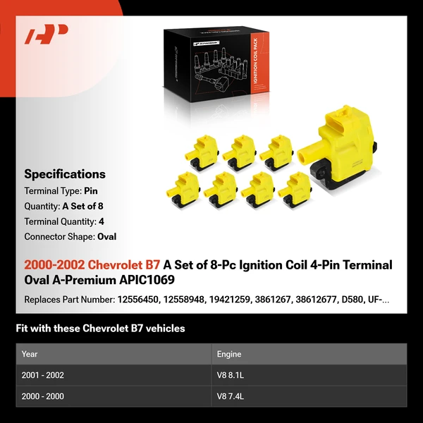 2000-2002 Chevrolet B7 A Set of 8-Pc Ignition Coil 4-Pin Terminal Oval A-Premium APIC1069