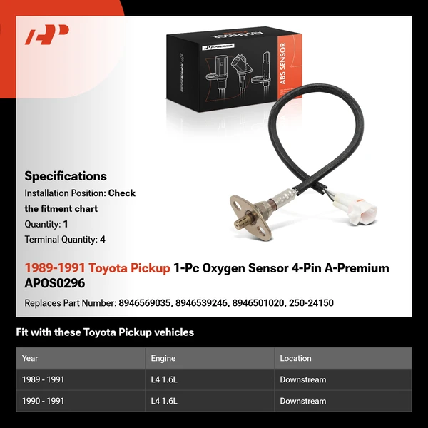 1989-1991 Toyota Pickup 1-Pc Oxygen Sensor 4-Pin A-Premium APOS0296