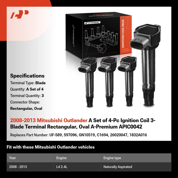 2008-2013 Mitsubishi Outlander A Set of 4-Pc Ignition Coil 3-Blade Terminal Rectangular, Oval A-Premium APIC0042