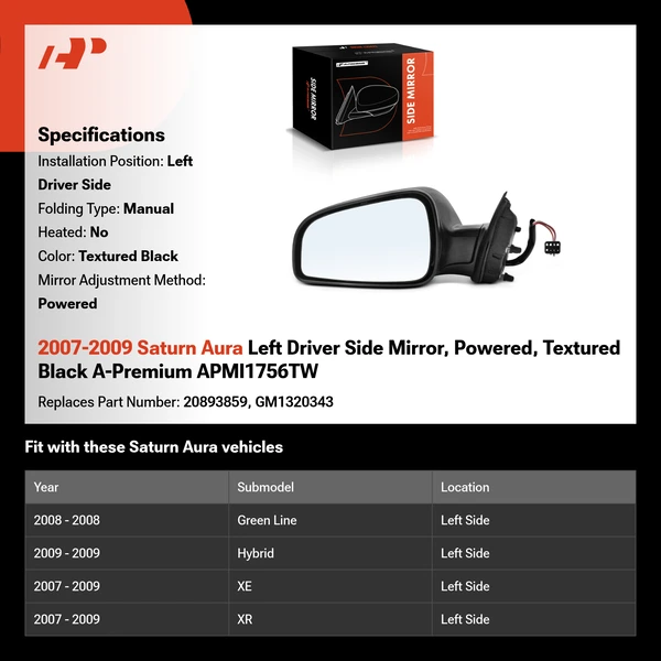 2007-2009 Saturn Aura Left Driver Side Mirror, Powered, Textured Black A-Premium APMI1756TW