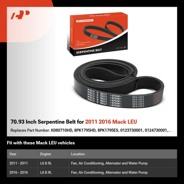 70.93 Inch Serpentine Belt for 2011 2016 Mack LEU