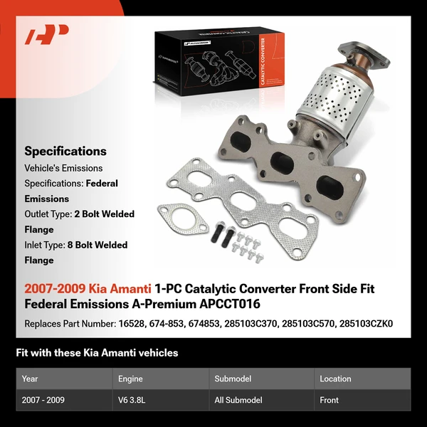 2007-2009 Kia Amanti 1-PC Catalytic Converter Front Side Fit Federal Emissions A-Premium APCCT016