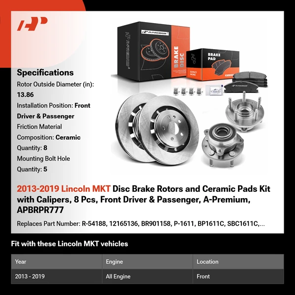 2013-2019 Lincoln MKT Disc Brake Rotors and Ceramic Pads Kit with Calipers, 8 Pcs, Front Driver & Passenger, A-Premium, APBRPR777