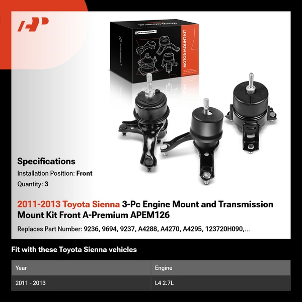 2011-2013 Toyota Sienna 3-Pc Engine Mount and Transmission Mount Kit Front A-Premium APEM126