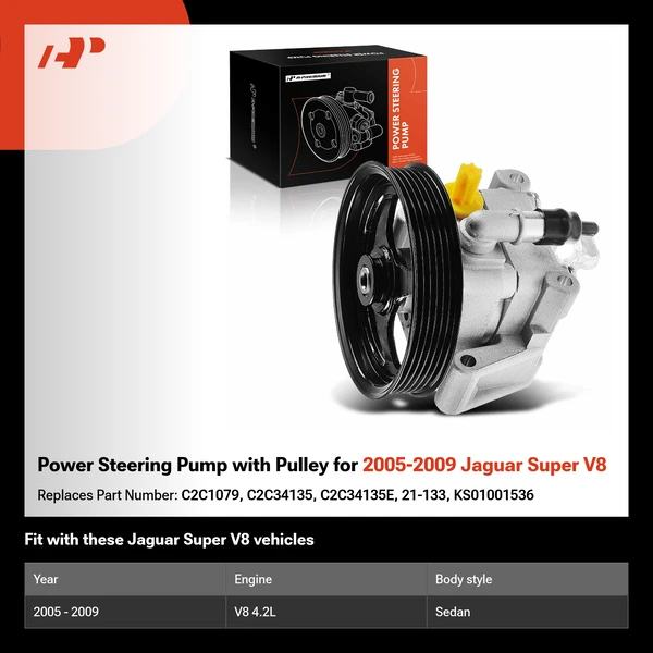 Power Steering Pump with Pulley for 2005-2009 Jaguar Super V8