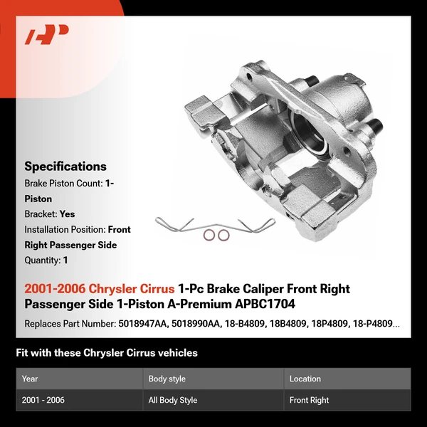 2001-2006 Chrysler Cirrus 1-Pc Brake Caliper Front Right Passenger Side 1-Piston A-Premium APBC1704