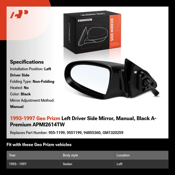 1993-1997 Geo Prizm Left Driver Side Mirror, Manual Adjustment, Non-Folding, Black A-Premium APMI2614TW