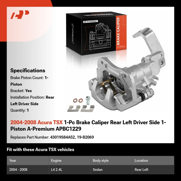 2004-2008 Acura TSX 1-Pc Brake Caliper Rear Left Driver Side 1-Piston A-Premium APBC1229