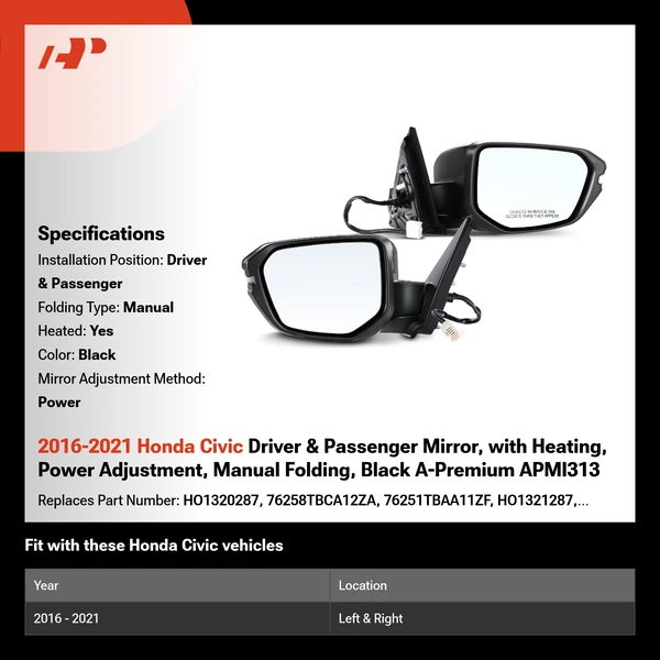 2016-2021 Honda Civic Driver & Passenger Mirror, with Heating, Power Adjustment, Manual Folding, Black A-Premium APMI313