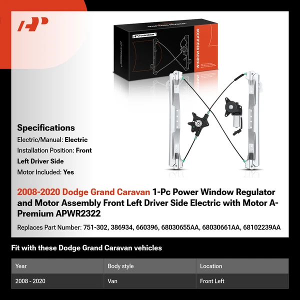 2008-2020 Dodge Grand Caravan 1-Pc Power Window Regulator and Motor Assembly Front Left Driver Side Electric with Motor A-Premium APWR2322
