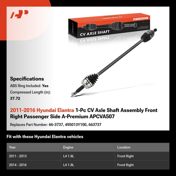 2011-2016 Hyundai Elantra 1-Pc CV Axle Shaft Assembly Front Right Passenger Side A-Premium APCVA507