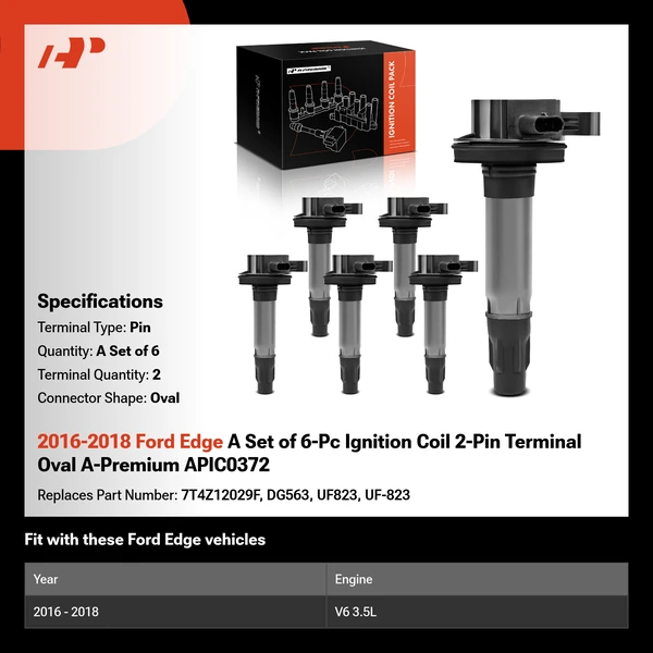 2016-2018 Ford Edge A Set of 6-Pc Ignition Coil 2-Pin Terminal Oval A-Premium APIC0372