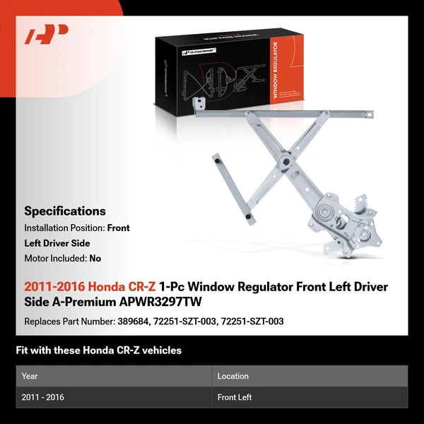 2011-2016 Honda CR-Z 1-Pc Window Regulator Front Left Driver Side A-Premium APWR3297TW