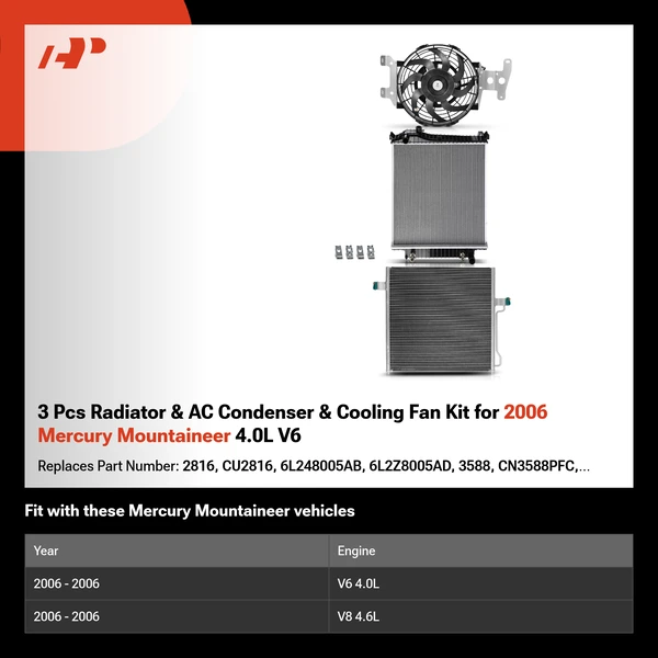 3 Pcs Radiator & AC Condenser & Cooling Fan Kit for 2006 Mercury Mountaineer 4.0L V6