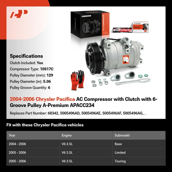 2004-2006 Chrysler Pacifica AC Compressor with Clutch with 6-Groove Pulley A-Premium APACC234