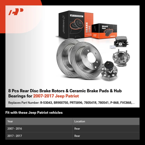 8 Pcs Rear Disc Brake Rotors & Ceramic Brake Pads & Hub Bearings for 2007-2017 Jeep Patriot