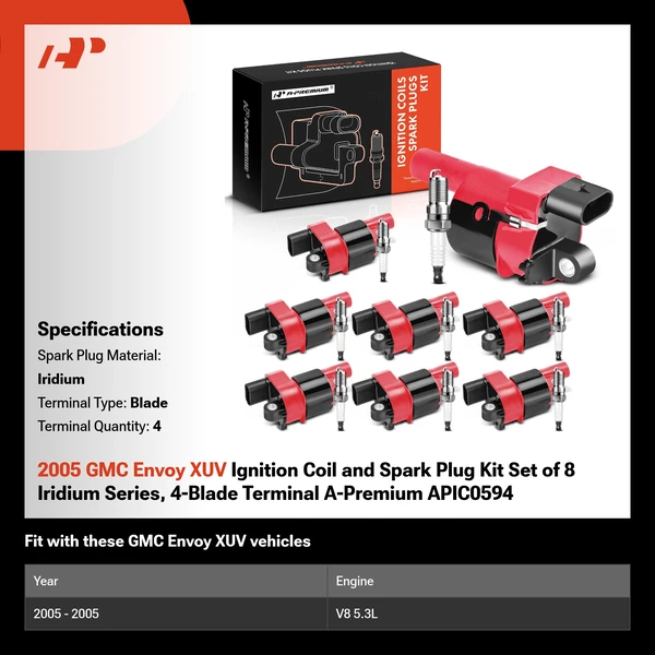 2005 GMC Envoy XUV Ignition Coil and Spark Plug Kit Set of 8 Iridium Series, 4-Blade Terminal A-Premium APIC0594