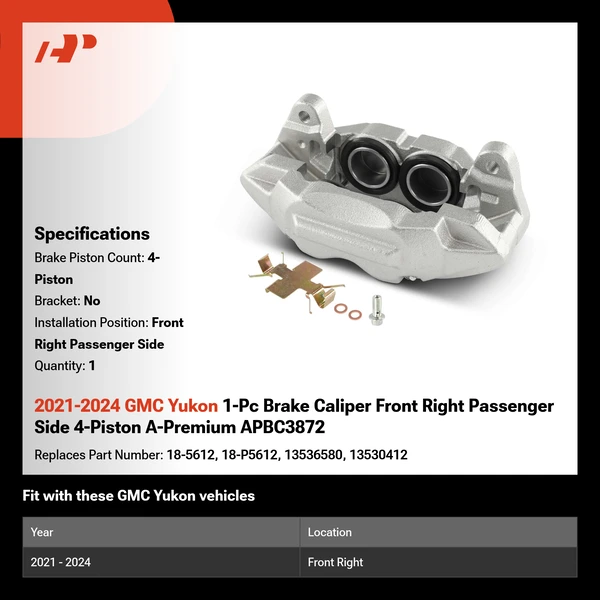 2021-2024 GMC Yukon 1-Pc Brake Caliper Front Right Passenger Side 4-Piston A-Premium APBC3872