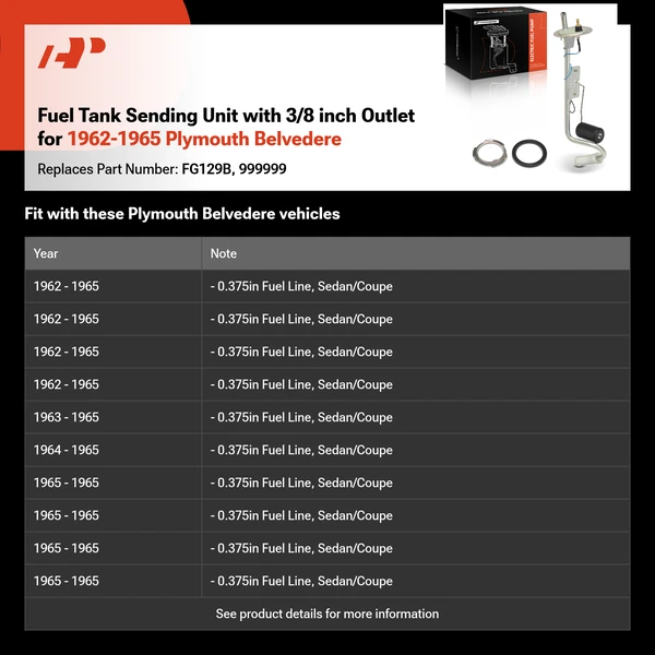 Fuel Tank Sending Unit with 3/8 inch Outlet for 1962-1965 Plymouth Belvedere