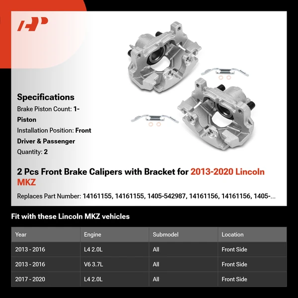 2 Pcs Front Brake Calipers with Bracket for 2013-2020 Lincoln MKZ