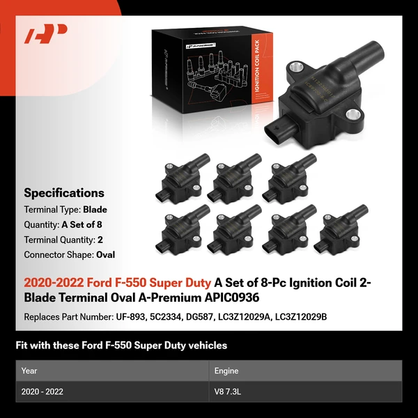 2020-2022 Ford F-550 Super Duty A Set of 8-Pc Ignition Coil 2-Blade Terminal Oval A-Premium APIC0936