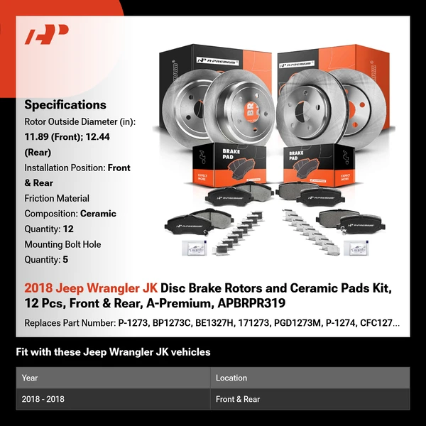 2018 Jeep Wrangler JK Disc Brake Rotors and Ceramic Pads Kit, 12 Pcs, Front & Rear, A-Premium, APBRPR319