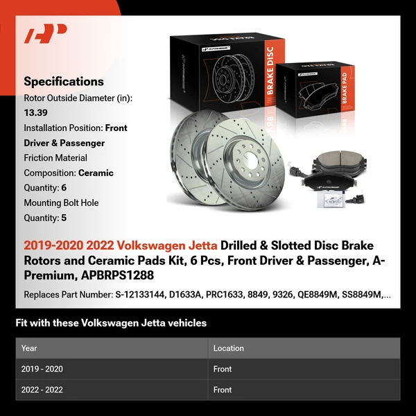2019-2020 2022 Volkswagen Jetta Drilled & Slotted Disc Brake Rotors and Ceramic Pads Kit, 6 Pcs, Front Driver & Passenger, A-Premium, APBRPS1288