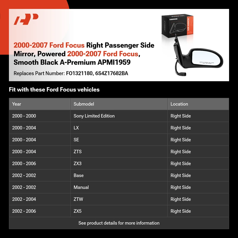 2000-2007 Ford Focus Right Passenger Side Mirror, Powered 2000-2007 Ford Focus, Smooth Black A-Premium APMI1959