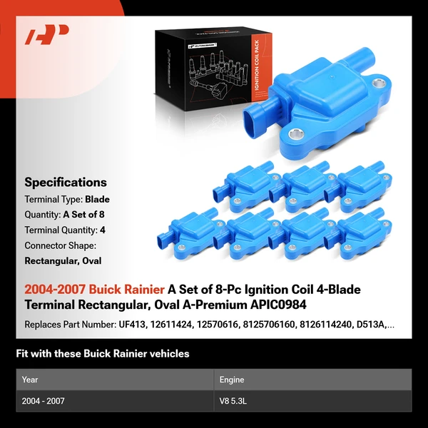 2004-2007 Buick Rainier A Set of 8-Pc Ignition Coil 4-Blade Terminal Rectangular, Oval A-Premium APIC0984