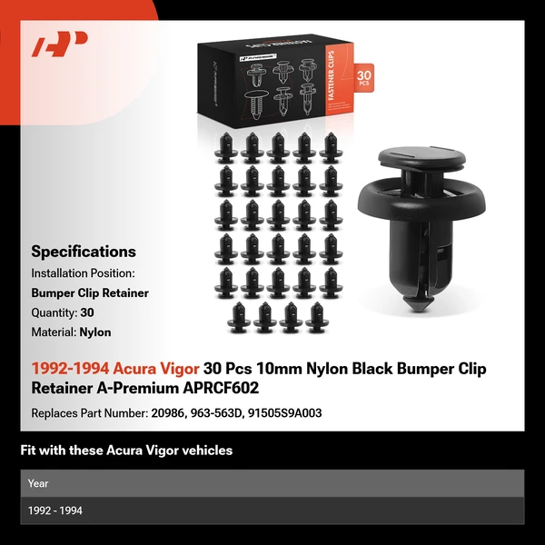 1992-1994 Acura Vigor 30 Pcs 10mm Nylon Black Bumper Clip Retainer A-Premium APRCF602