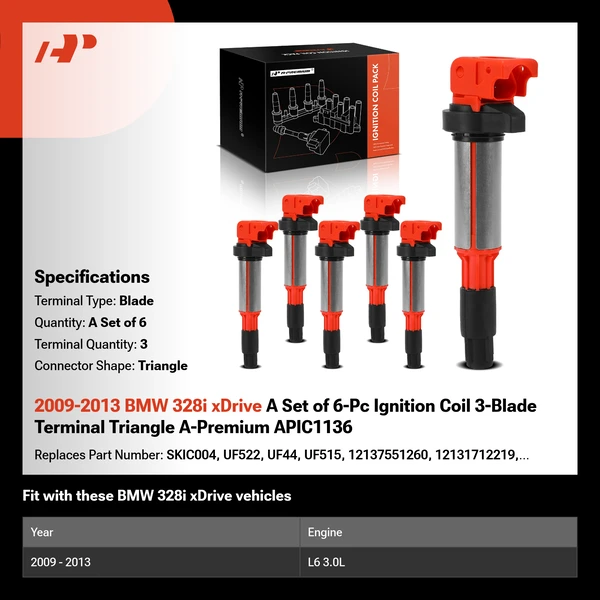 2009-2013 BMW 328i xDrive A Set of 6-Pc Ignition Coil 3-Blade Terminal Triangle A-Premium APIC1136