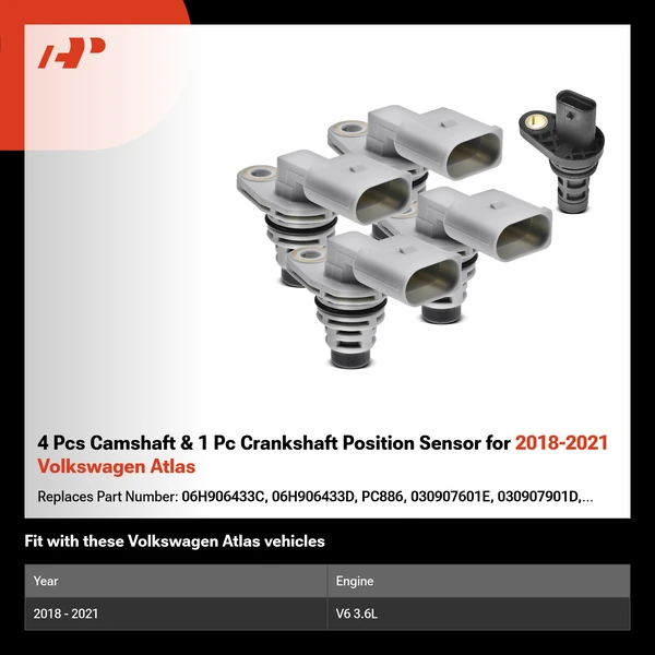 4 Pcs Camshaft & 1 Pc Crankshaft Position Sensor for 2018-2021 Volkswagen Atlas