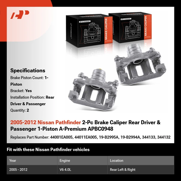 2005-2012 Nissan Pathfinder 2-Pc Brake Caliper Rear Driver & Passenger 1-Piston A-Premium APBC0948