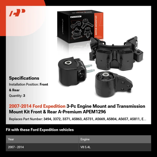 2007-2014 Ford Expedition 3-Pc Engine Mount and Transmission Mount Kit Front & Rear A-Premium APEM1296