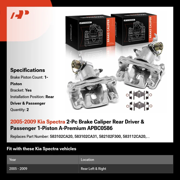 2005-2009 Kia Spectra 2-Pc Brake Caliper Rear Driver & Passenger 1-Piston A-Premium APBC0586