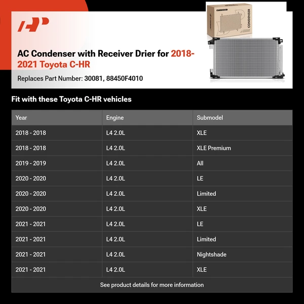 AC Condenser with Receiver Drier for 2018-2021 Toyota C-HR