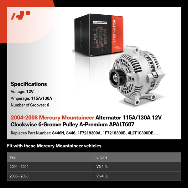 2004-2008 Mercury Mountaineer Alternator 115A/130A 12V Clockwise 6-Groove Pulley A-Premium APALT607