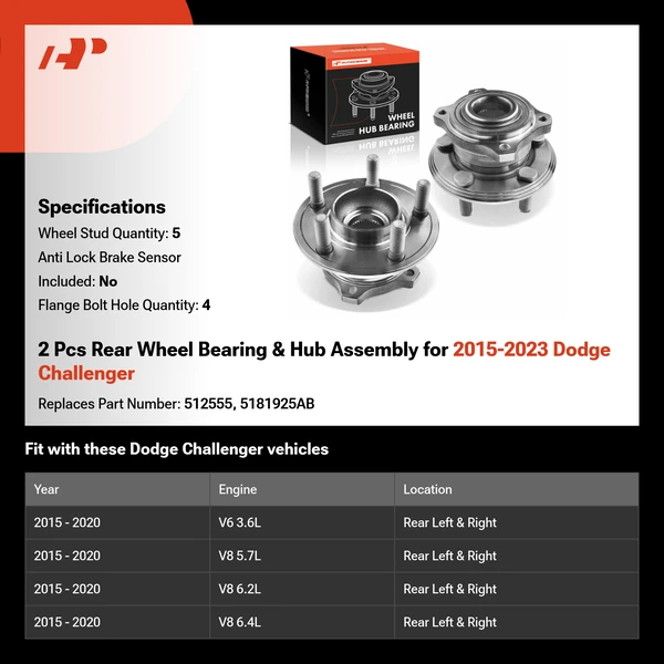 2 Pcs Rear Wheel Bearing & Hub Assembly for 2015-2023 Dodge Challenger