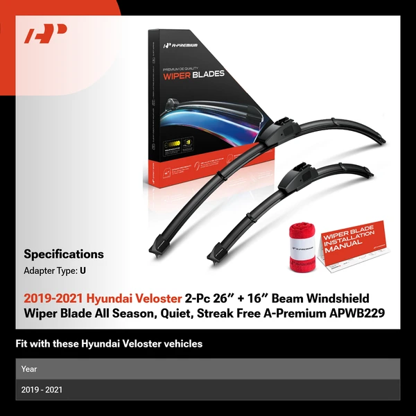 2019-2021 Hyundai Veloster 2-Pc 26″ + 16″ Beam Windshield Wiper Blade All Season, Quiet, Streak Free A-Premium APWB229