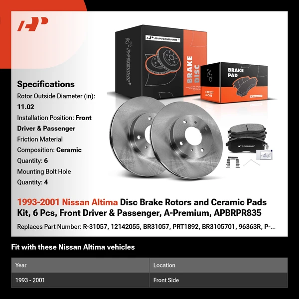 1993-2001 Nissan Altima Disc Brake Rotors and Ceramic Pads Kit, 6 Pcs, Front Driver & Passenger, A-Premium, APBRPR835