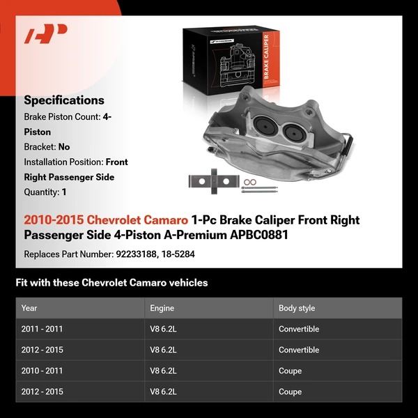 2010-2015 Chevrolet Camaro 1-Pc Brake Caliper Front Right Passenger Side 4-Piston A-Premium APBC0881