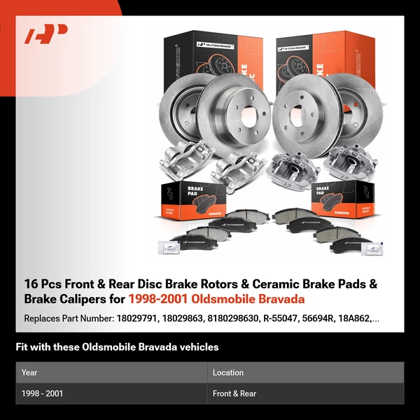 16 Pcs Front & Rear Disc Brake Rotors & Ceramic Brake Pads & Brake Calipers for 1998-2001 Oldsmobile Bravada