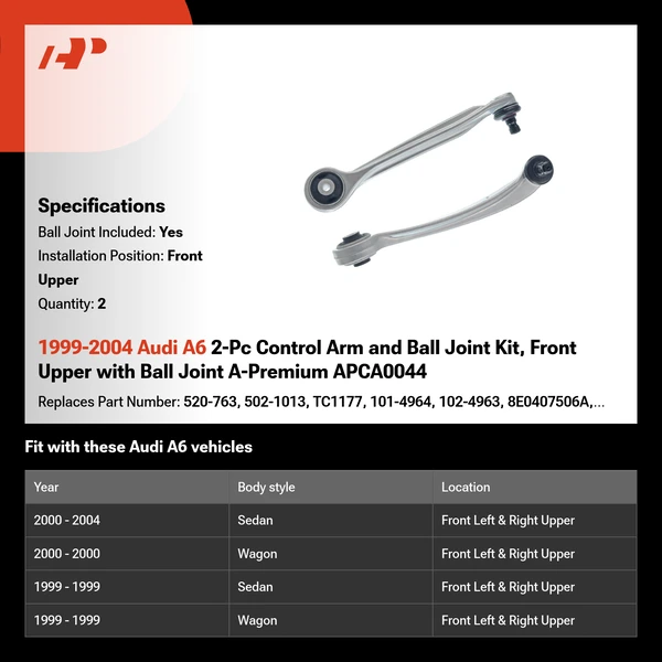 1999-2004 Audi A6 2-Pc Control Arm and Ball Joint Kit, Front Upper with Ball Joint A-Premium APCA0044