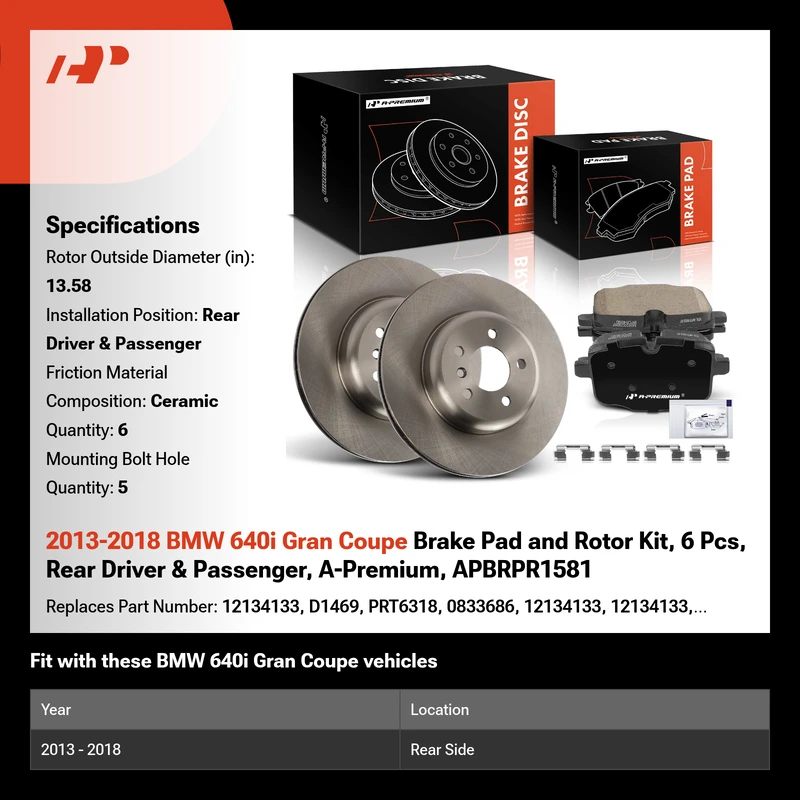 2013-2018 BMW 640i Gran Coupe Brake Pad and Rotor Kit, 6 Pcs, Rear Driver & Passenger, A-Premium, APBRPR1581