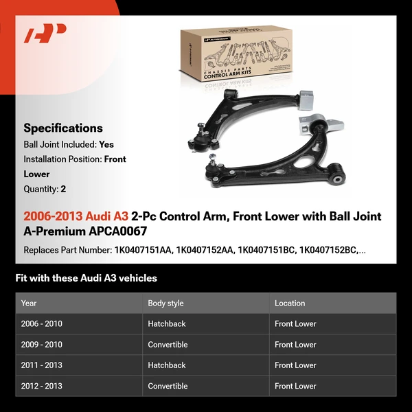 2006-2013 Audi A3 2-Pc Control Arm, Front Lower with Ball Joint A-Premium APCA0067